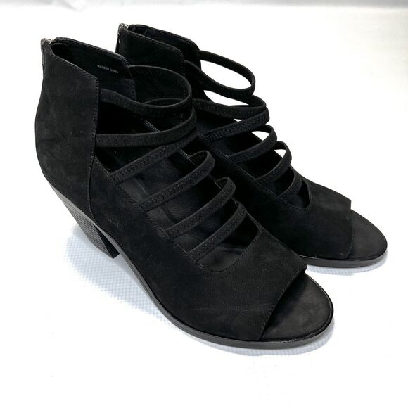 Eileen Fisher James Black Sandals Size 9.5 Strappy Nubuck Block Shoeties - Picture 1 of 13